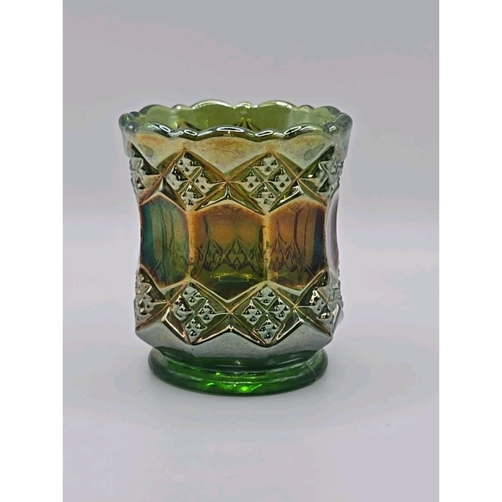 Imperial Vintage Carnival Glass Helios Green Gold Iridescent Toothpick Holder